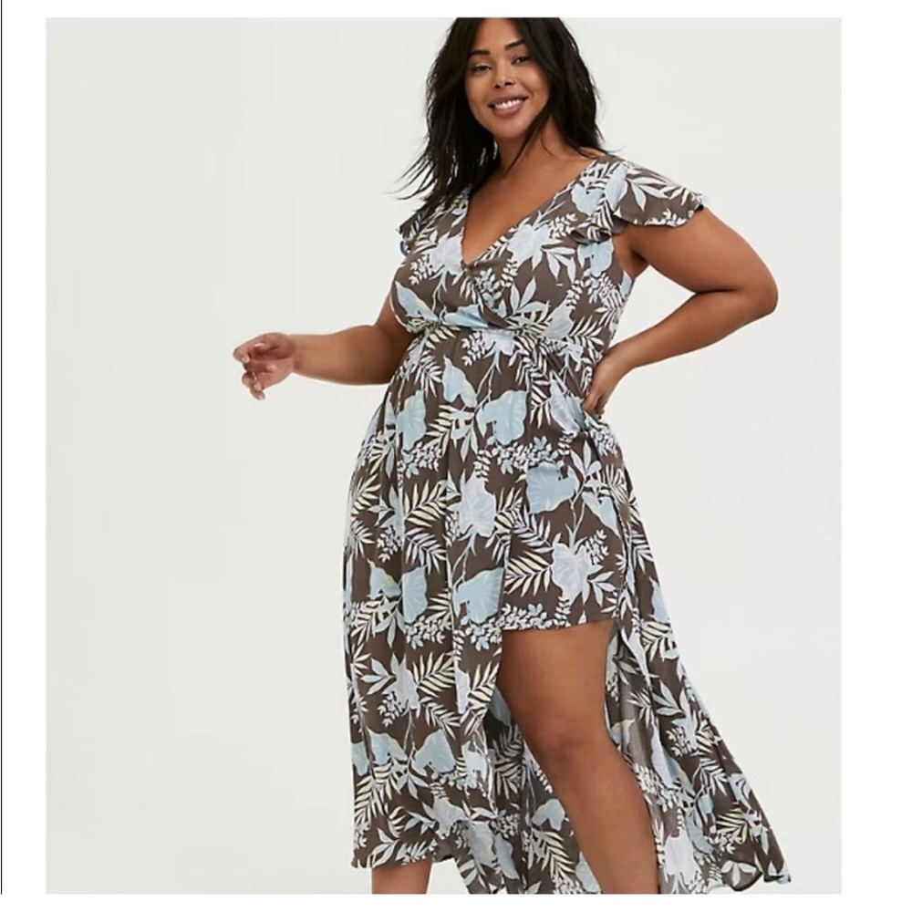 Torrid brown blue tropical floral romper maxi dress size 0 or Large